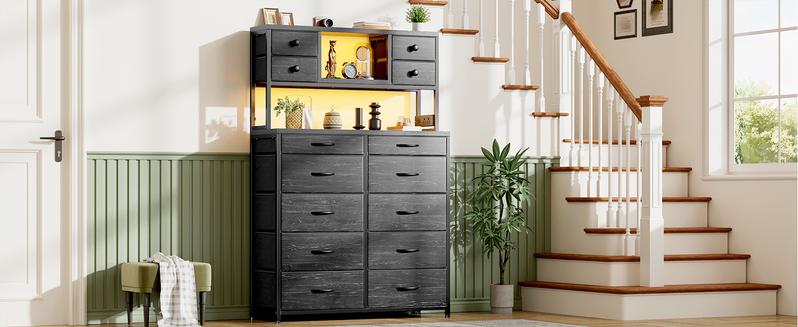 RaybeeFurniture Dresser with 14 Fabric Drawers,Tall Dresser for Bedroom with Charging Station and LED Lights,Dressers & Chests of Drawers for Bedroom, Steel Frame & Wooden Top for Closet, Entryway