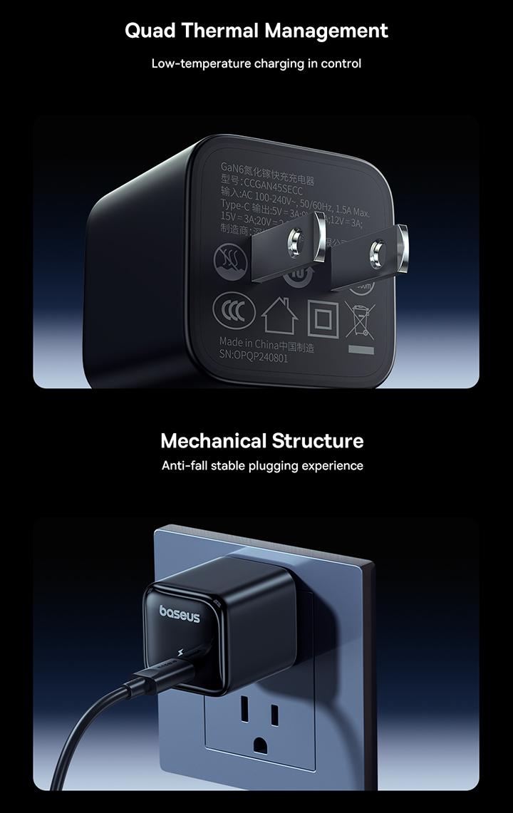 【Pack of 2】Baseus GaN6 Fast Charger 1C 45W US  (2*Baseus Mini White Fast Charging Data Cable)