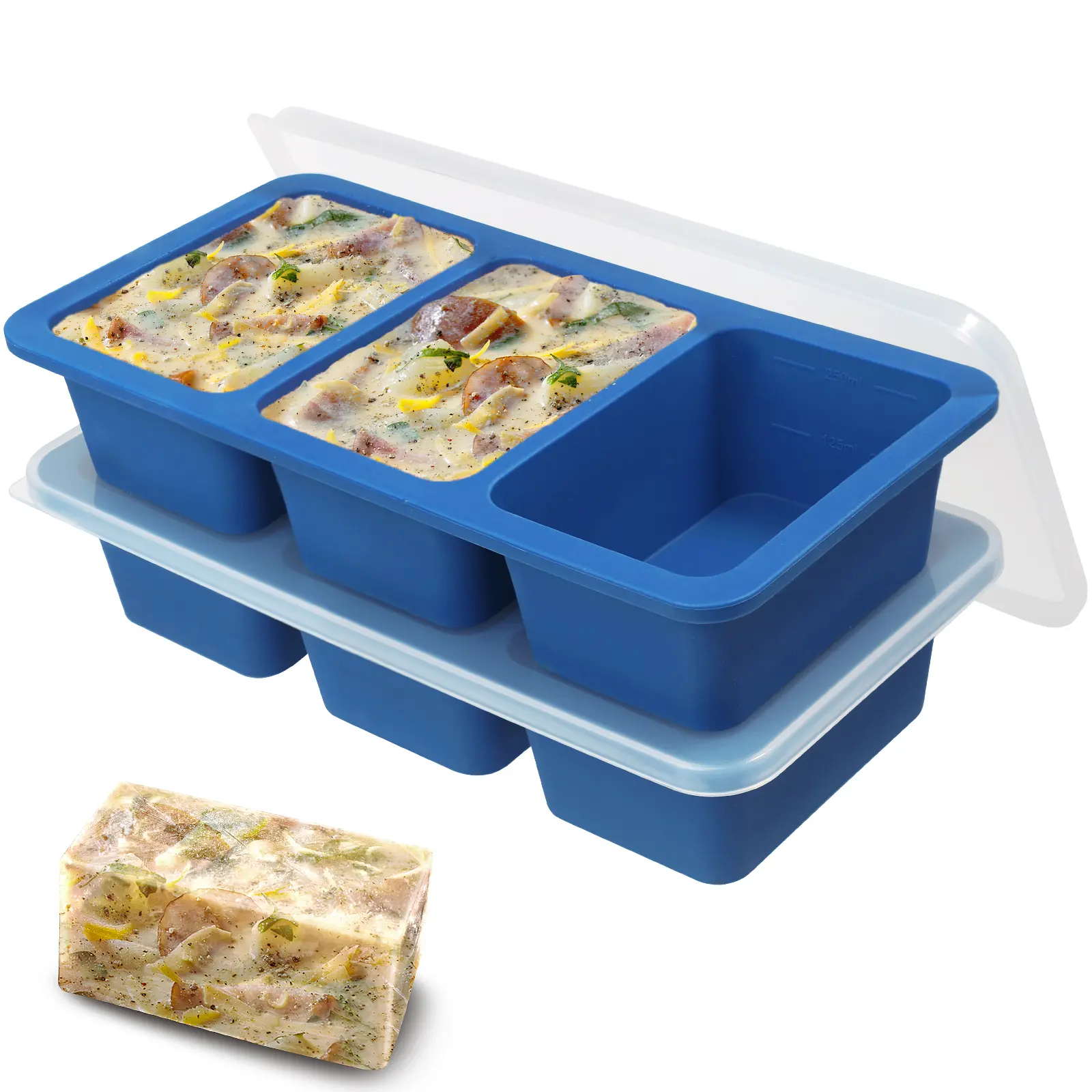 Koluti Kitchen 2-Pieces Flexible Nonstick Silicone 3-Soup Freezer Mold Set, 1-Cup Large Sauce Ice Tray with Plastic Lid, Stackable Oven-Safe Steel Meal Prep Storage Container, Dishwasher Safe, BPA Free