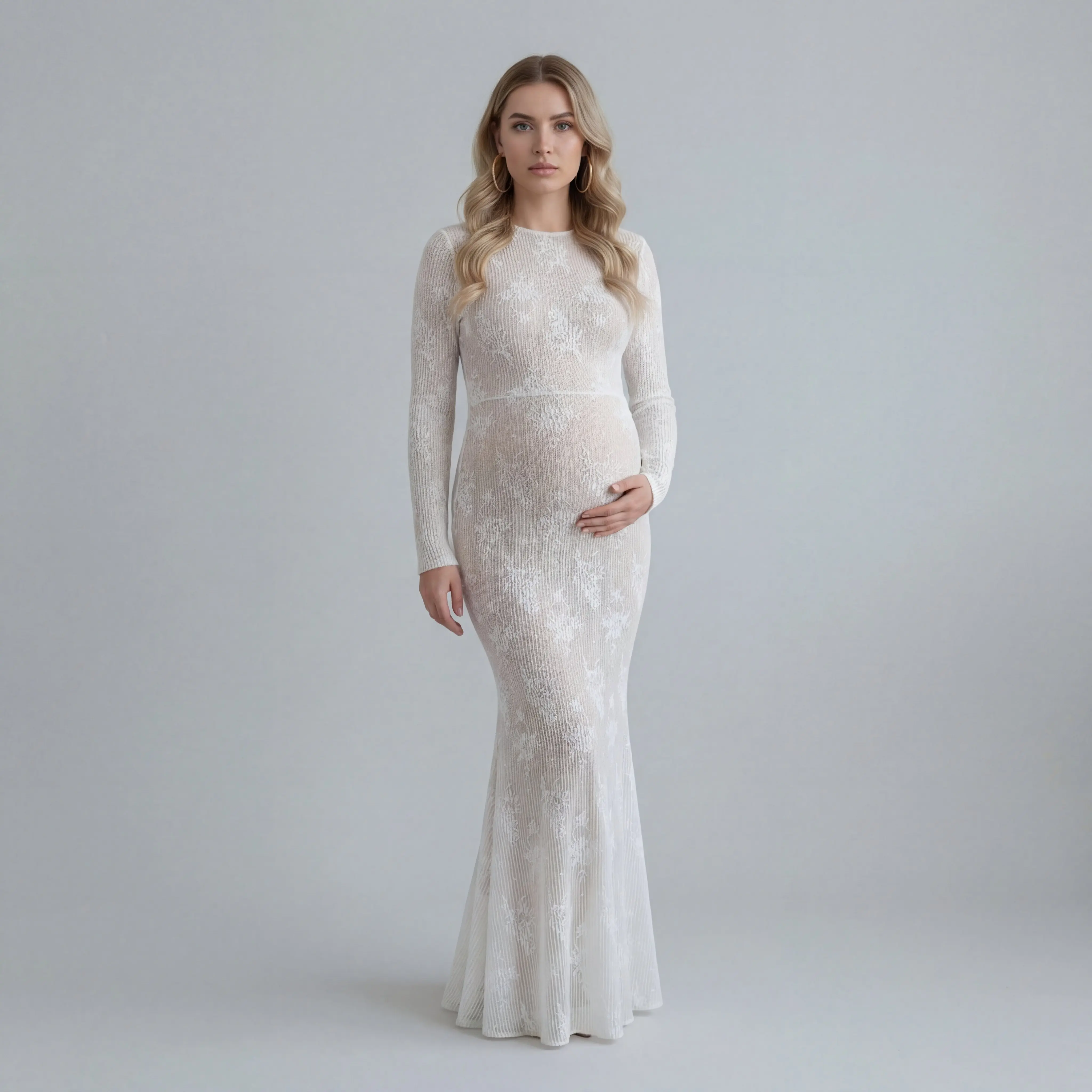 Elegant Maternity Dress for Women, Long Sleeve Lace Mermaid Gown with Ruffles for Photoshoots & Formal Occasions, Pregnancy Outfits, Prenatal Maternity Clothing, Dresses For Women, Formal Dresses