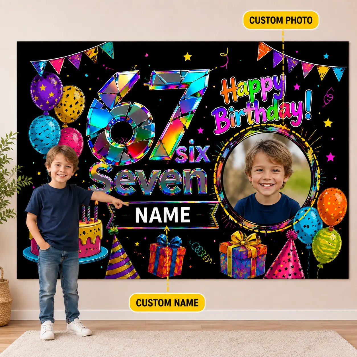 Custom Photo Name Birthday Backdrop for Kids Personalized Party Wall Banner