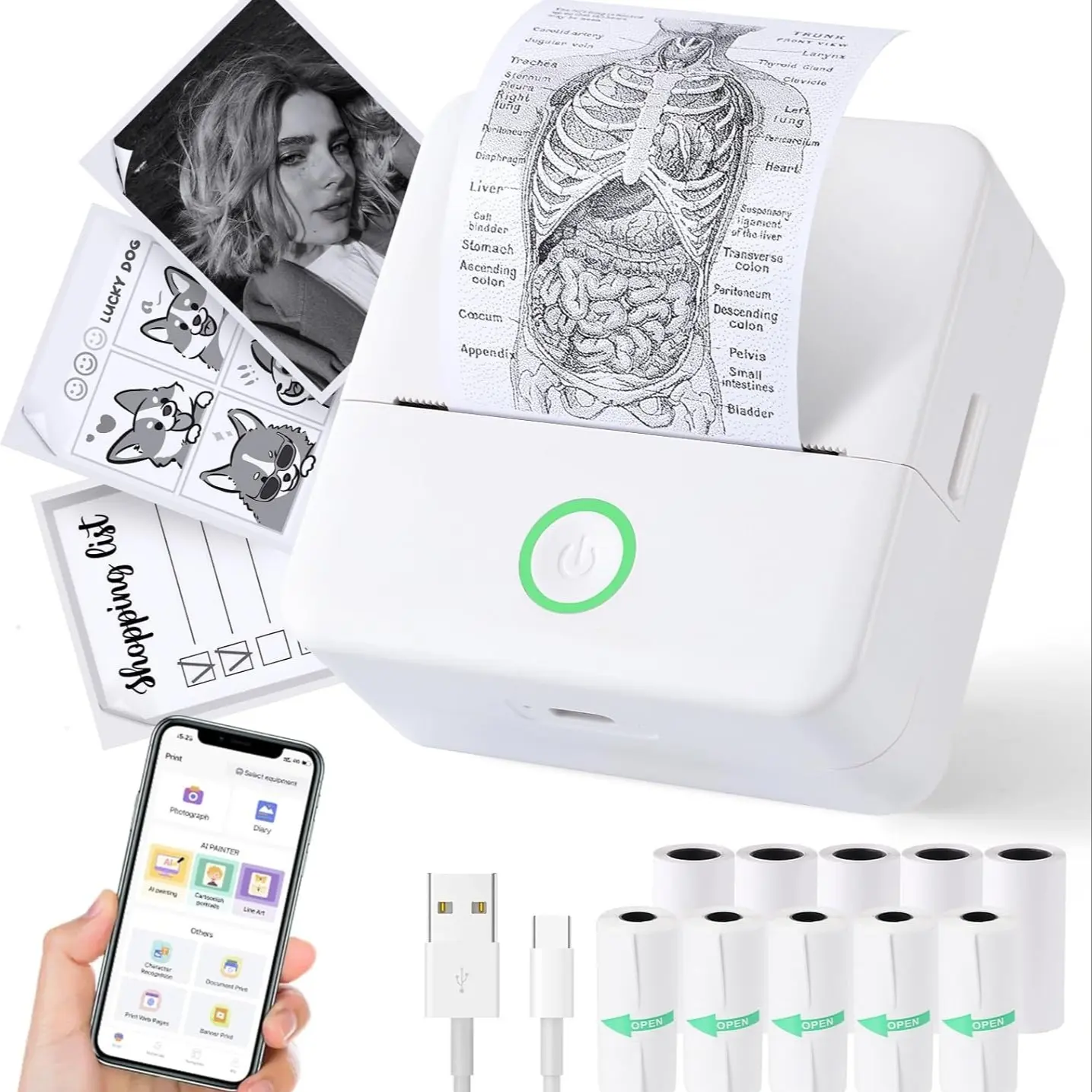 Portable Wireless Mini Thermal Printer with 10 Rolls of Paper, Pocket Phone Sticker and Label Maker for Notes and DIY Printing, Inkless Bluetooth Printer Compatible with iOS and Android