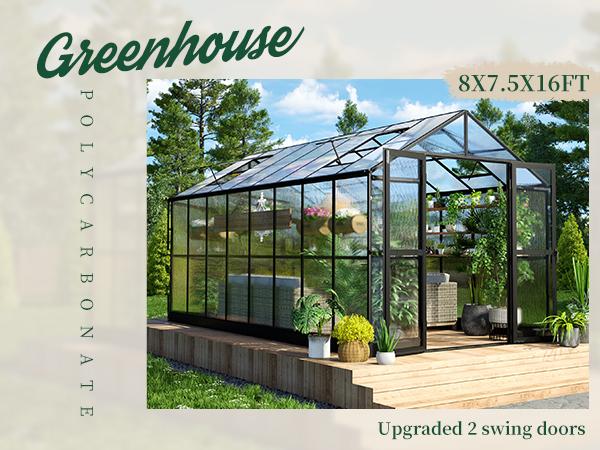 Amerlife Polycarbonate Greenhouse Double Swing Doors 5.2FT Added Wall Height, Walk-in Large Aluminum Greenhouse Sunroom Winter Greenhouse for Outdoors