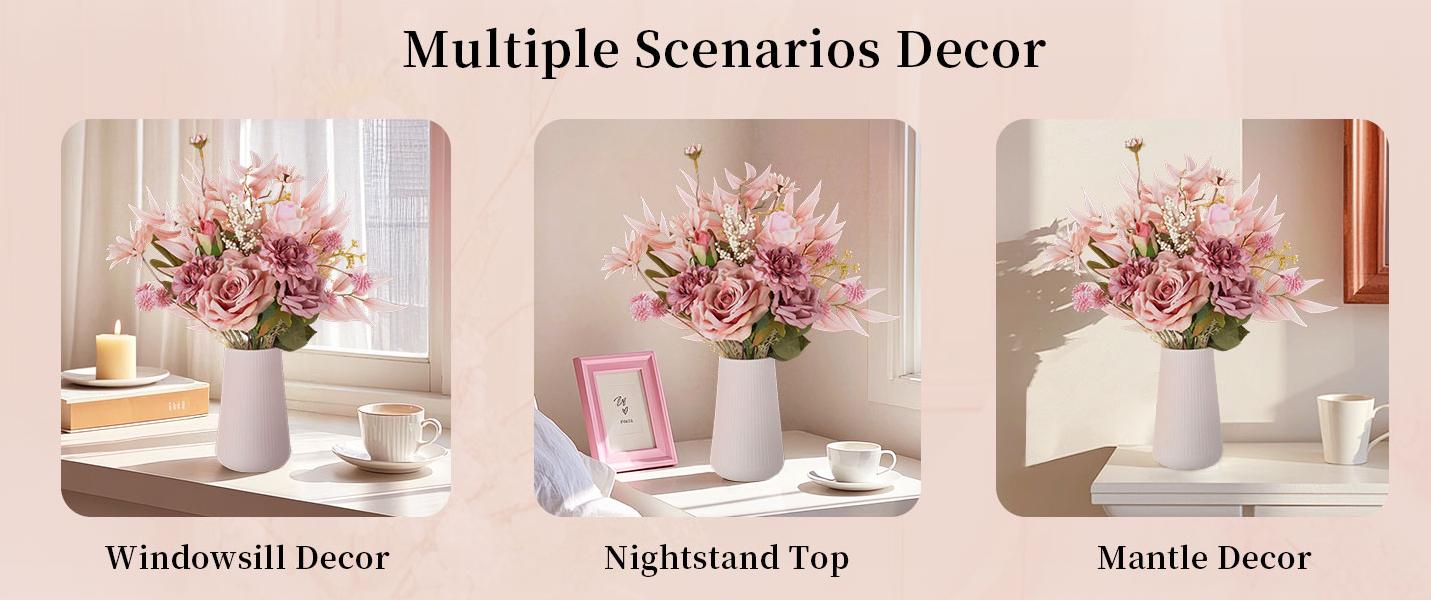 Dusty Pink Artificial Flowers in Ceramic Vase Home Decor - Fake Roses Faux Dahlias Bouquet Kitchen Dining Room Wedding Decoration arrangement