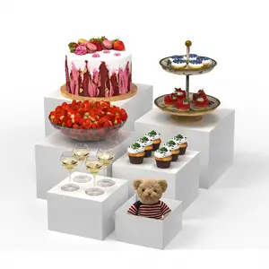 6 PCS Buffet Risers, Large Food Risers for Buffet Table, Display Stand Shelf for Party, Catering, Jewelry & Collectibles, White Plastic Nesting Boxes for Food Display