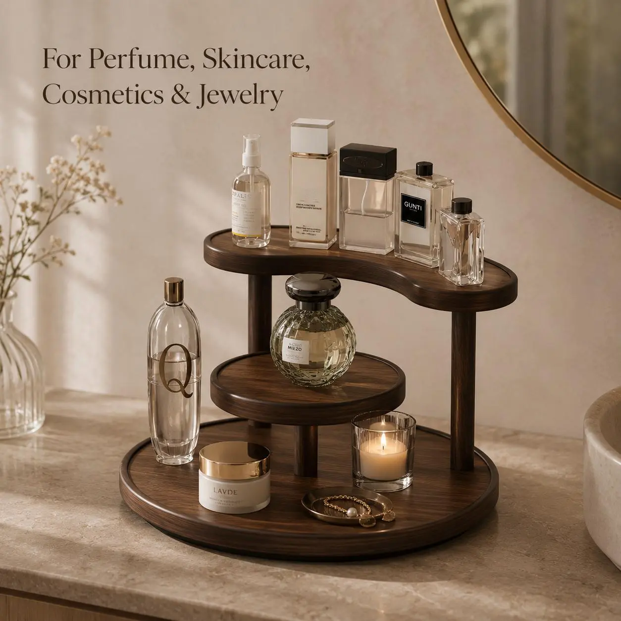 Rotating Vanity Organizer 3 Tier Dark Wood Perfume Tray Makeup Storage Shelf, 2 Styles Multi-Layer Skincare Cosmetic Jewelry Display Rack for Bathroom Dresser Housewarming Gift