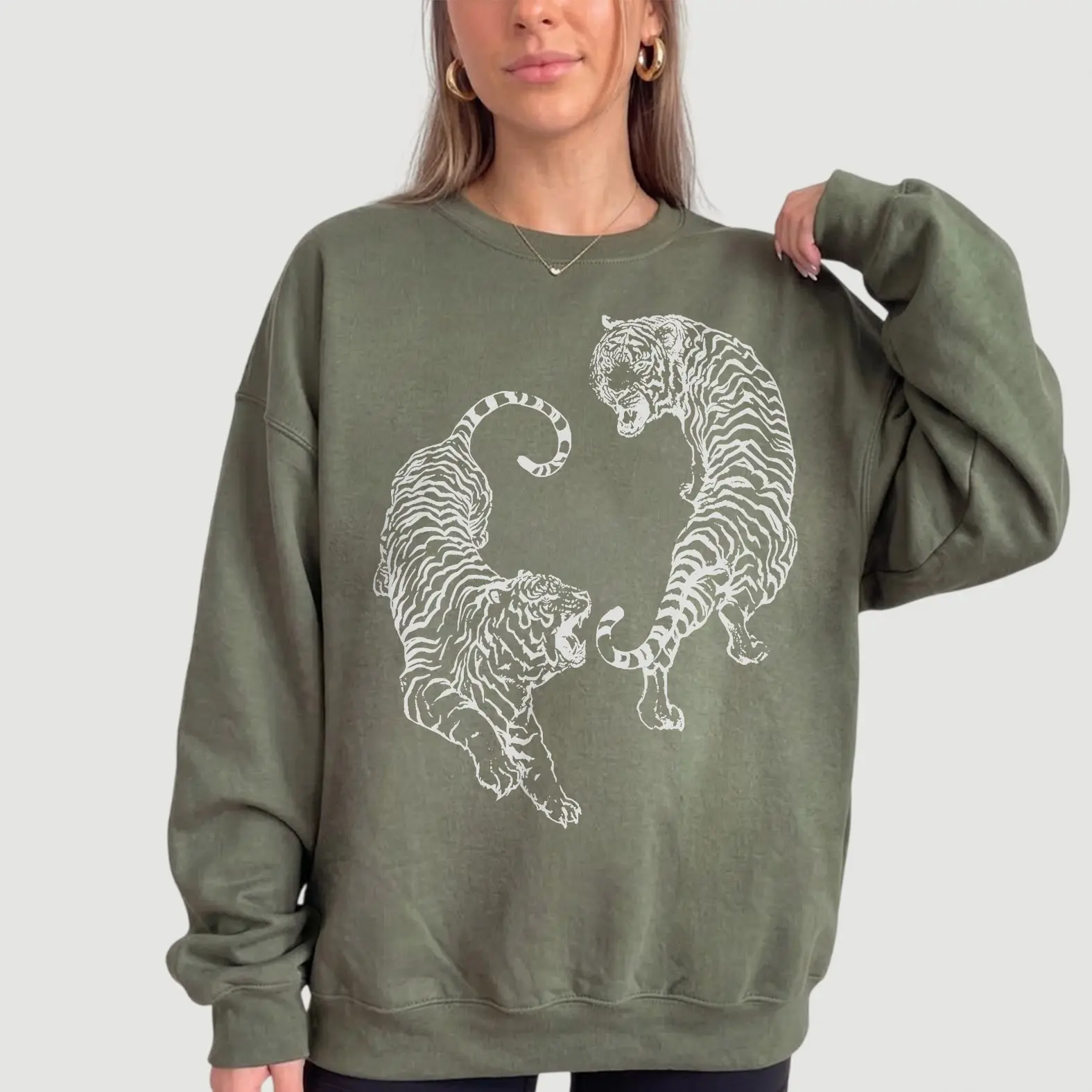 Gildan Tiger Crewneck Sweatshirt, Two Tiger Yin Yang Circle Illustration Graphic Pullover, Tiger Lover Gift