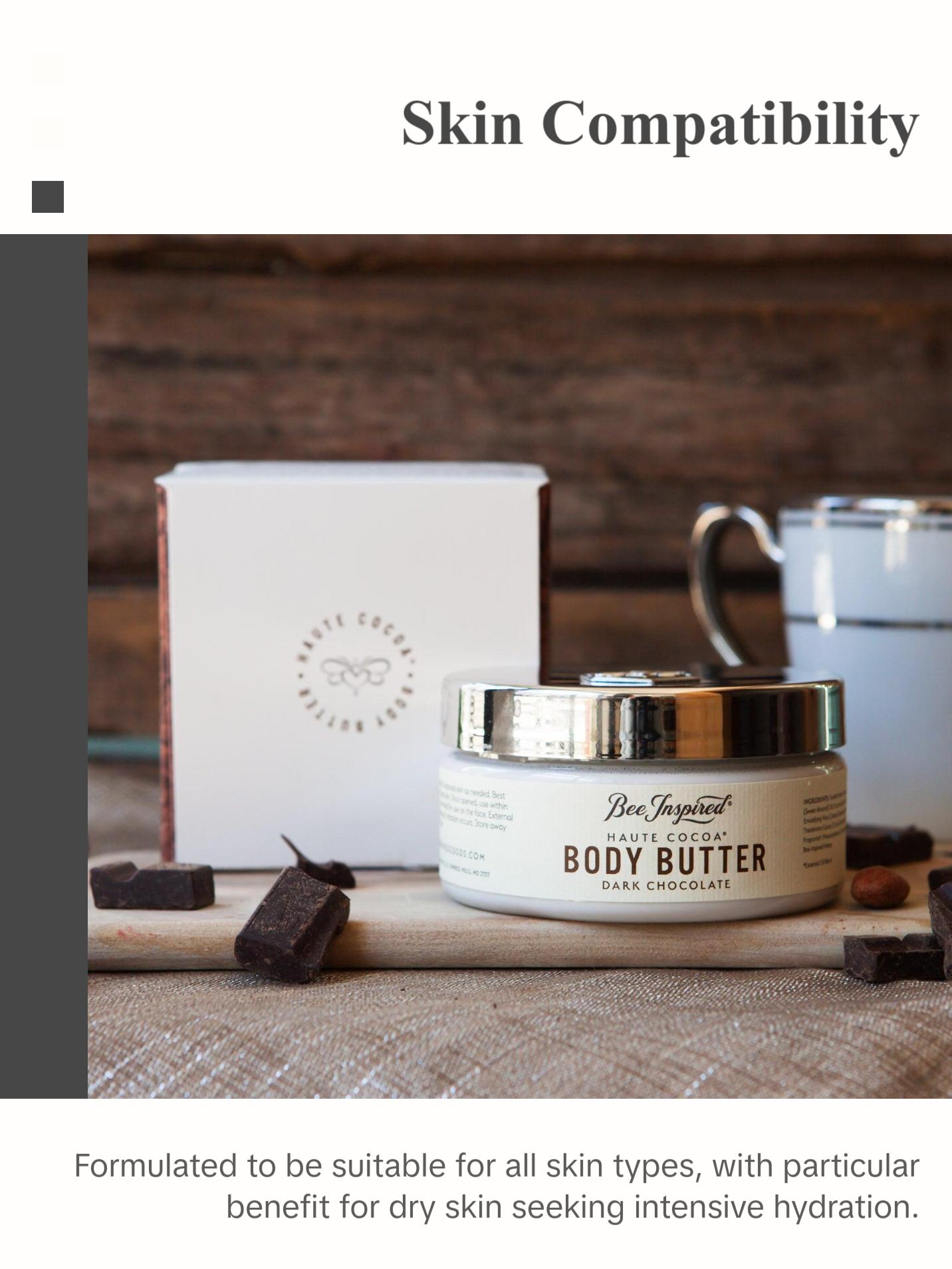 BeeInspired Haute Cocoa Honey Body Butter - Dark Chocolate Scented, 7 oz, Moisturizer for All Skin Types, Handmade in America, Free of Petrochemicals & Dyes