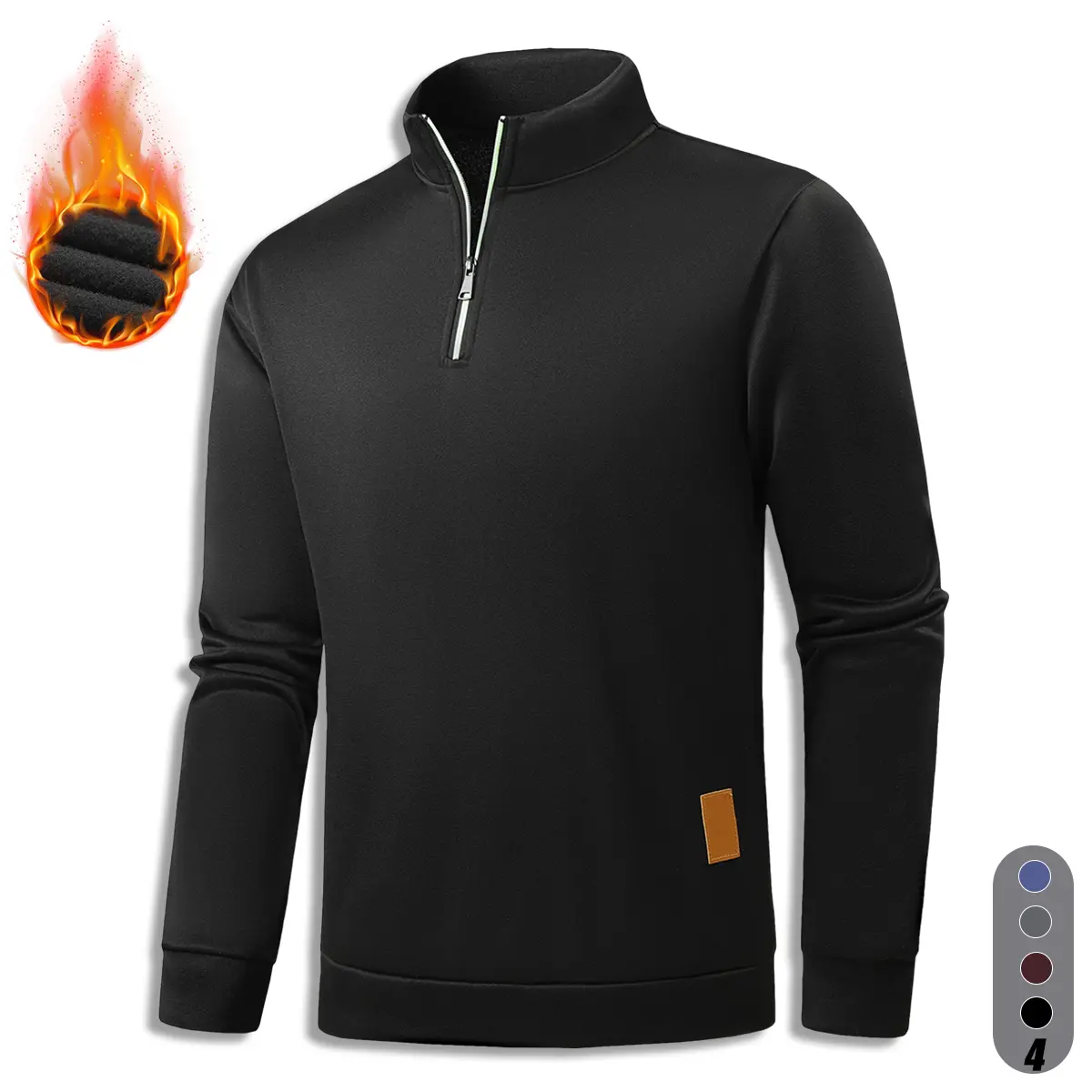Men's Casual Fleece Stand-Up Collar Knit Pullover, Fall Winter Fleece-Lined Warm Half-Zipper Sweatshirt, Autumn Outfit Long Sleeve Athletic Sweater, Leather Label Design, Suitable for Daily Wear, Casual Sports, Running Exercise, Casual Outing