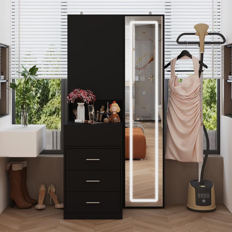 FUFU&GAGA Pink/White/Black Makeup Vanity Desk with Full-length Mirror & 3-Colors Adjustable Lights, 3 Drawers, Sliding Tabletop, Engineered Wood, Generous Storage Capacity