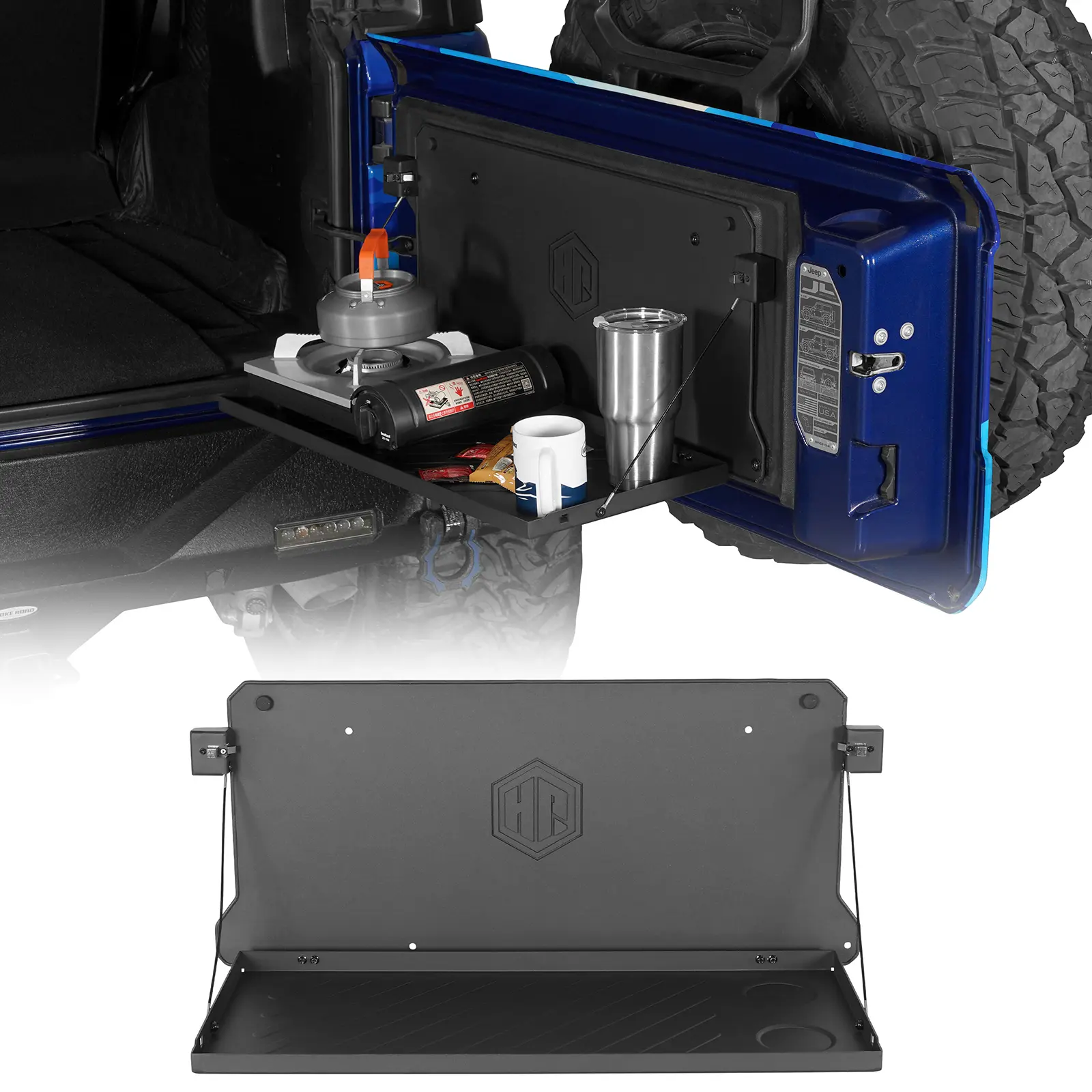 Hooke Road Aluminum Foldable Tailgate Table Shelf - 0.081" Al Sheet Top, 14-ga Plate Mount, 80-lb Sturdy Top, 1.2" Thin Fold, Rattle-damp Fit, Satin Black, Universal Car Accessories for 2018-2025 Jeep Wrangler JL Tailgating & Interior Stowing