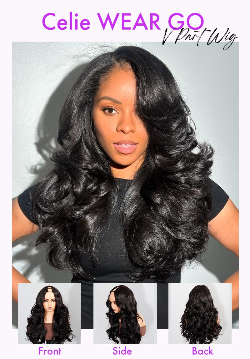 Celie Hair Pre-Styled Yaki Layered Body V Part Wig Invisible Drawstring Glueless Wig 180% Density Yaki Straight / Burmese Curly Human Hair Wigs Minimal Leave Out 100% Beginner Friendly