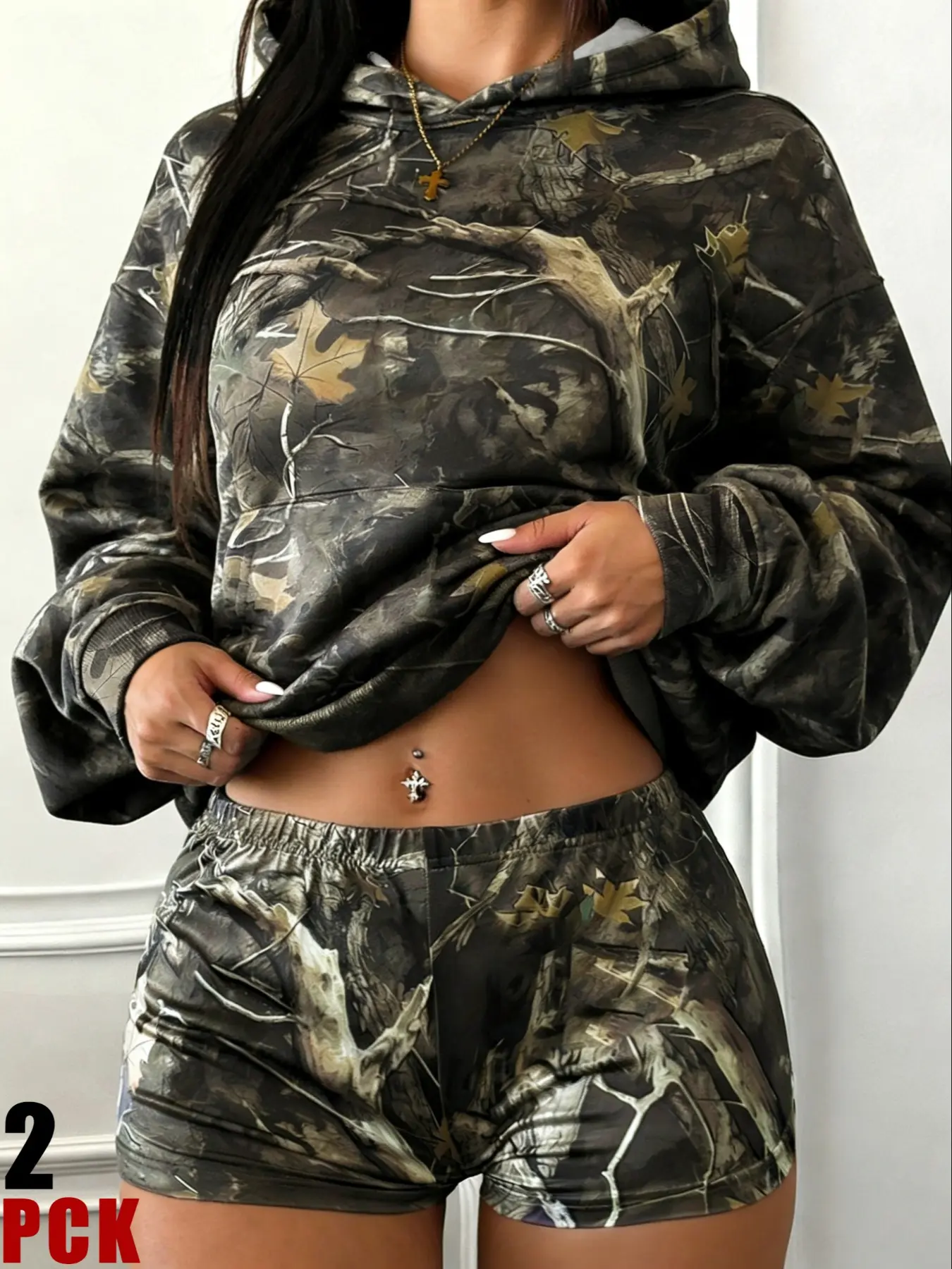 Women's American Street Vintage Camo Full Print Hoodie Sweatshirt + Tight High Waist Short Pants Set, Sexy Casual for Fall & Winter