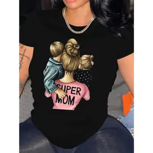 Super Mom Hugging Graphic T-Shirt Proud Mother of Boys and Girls Soft Cotton Family Heartwarming Womens Gift All Sizes