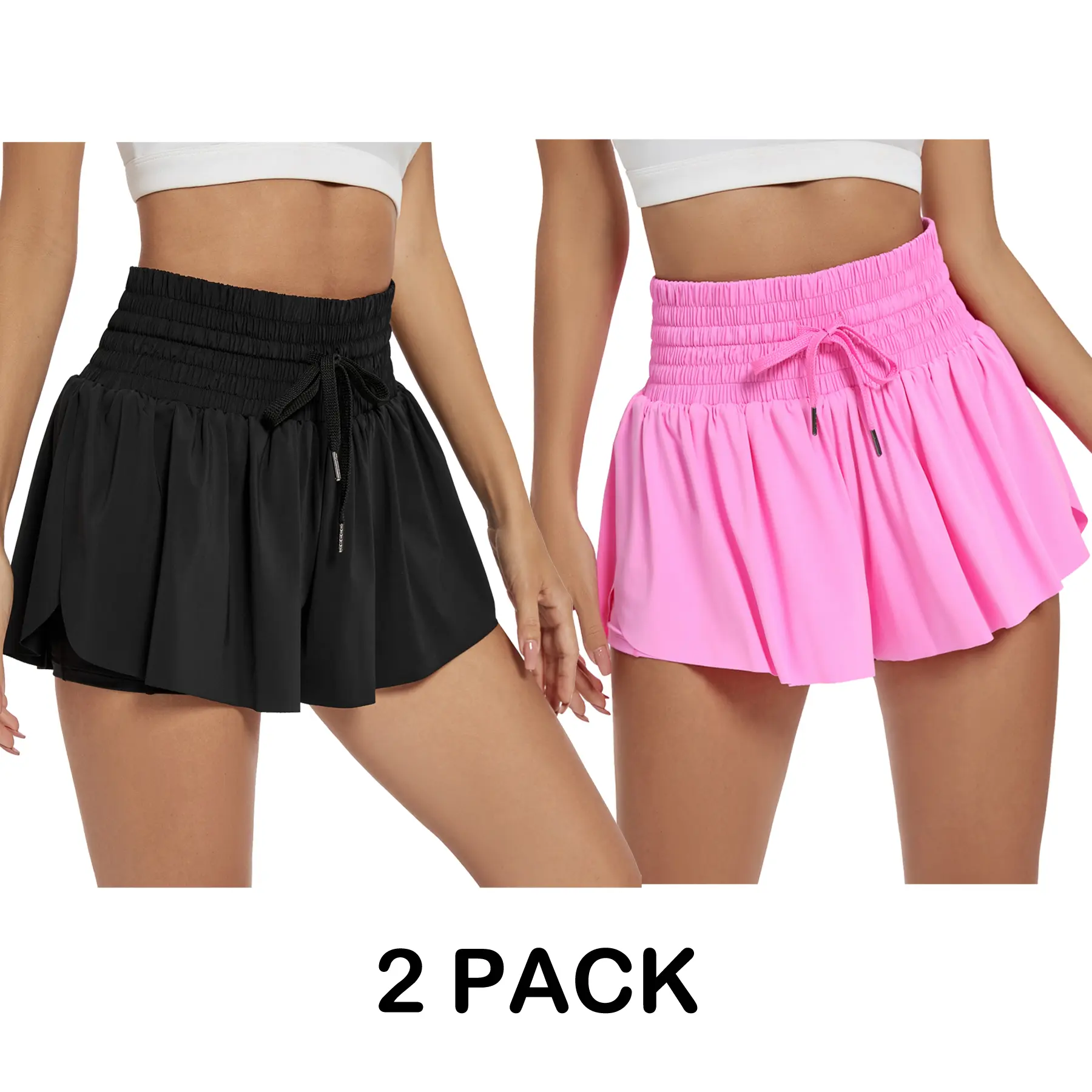 2 Pack Women Flowy 2-in-1 Shorts, High Waist Drawstring Athletic Running Shorts with Phone Pockets, Cute Tennis Golf Workout Skirts Summer Casual Outfits