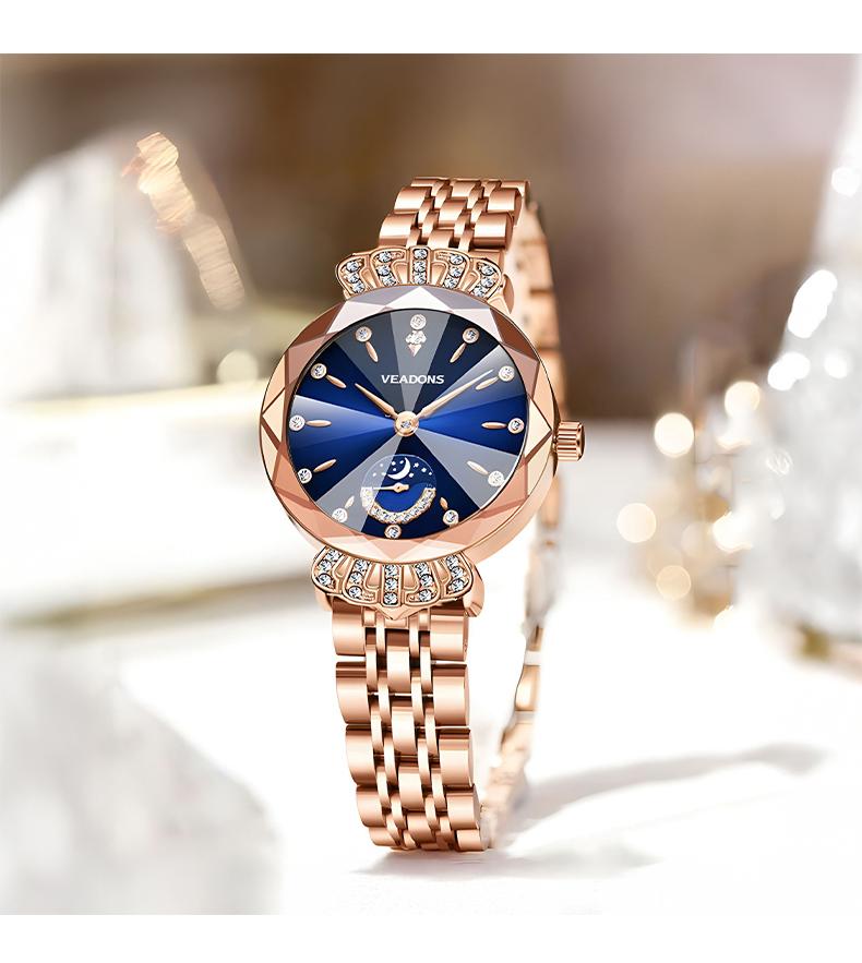 VEADONS Luxury Women's Jewelry Watch Diamond Cut Crystal Stainless Steel Case Water Resistant Moon Star Sun Design Elegant Wristwatch Perfect Gift for Her