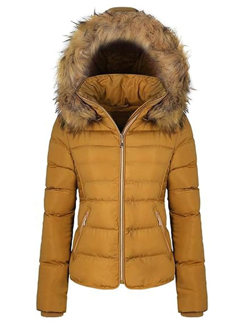 Women's Winter Quilted Puffer Coat Fleece Lined Warm Jacket with Removable Faux Fur Hood and Zipper Womenswear Comfortable