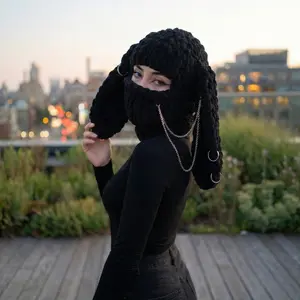 Big Bunny Ears Knitted Hood Handmade Thick Yarn Warm Mask Hat Sweet Cool Style for Women Balaclava Protective Gear