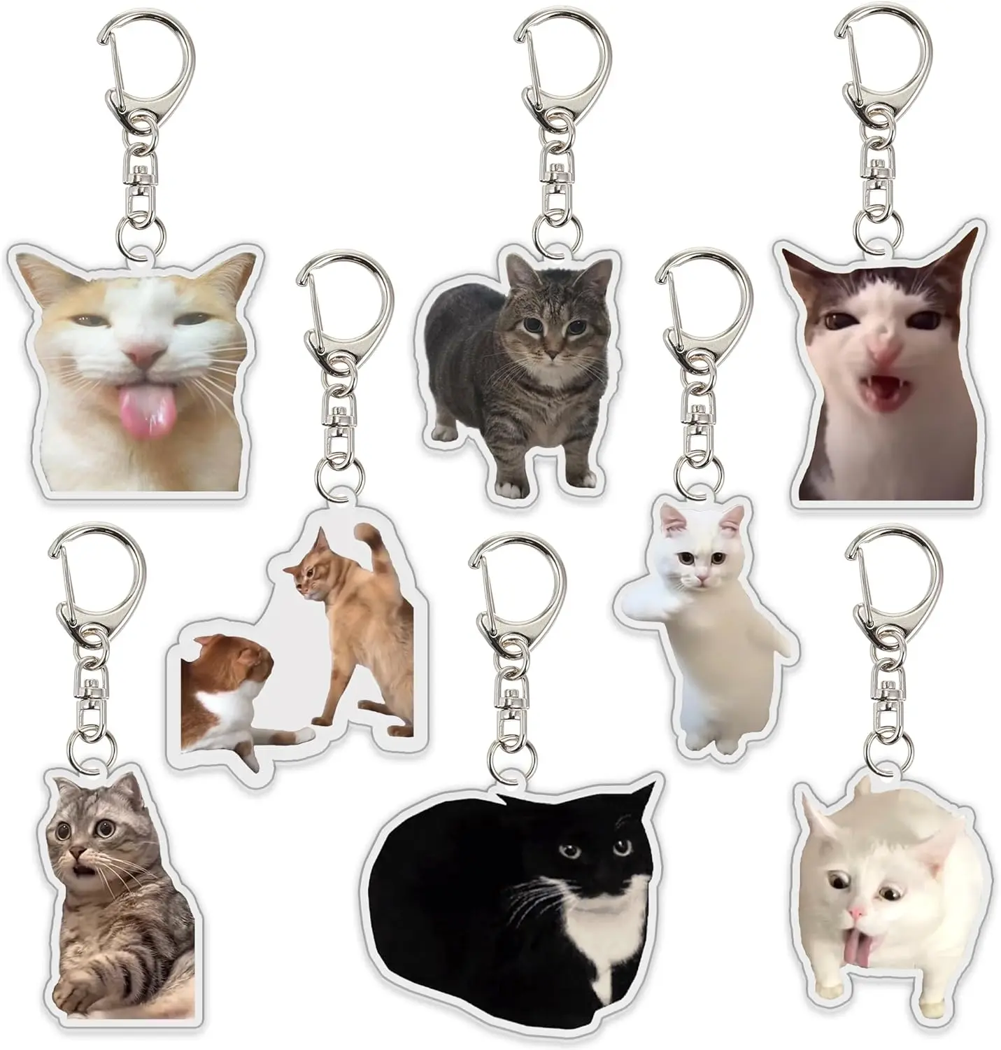 8pcs Plastic Cat Keychain Set - Cute Meme Design with 2 Talking Cats, Durable Lightweight Bag Charms, Funky Unique Accessories, Fun Keychains, Women’s Gifts for Key/Purse Attachments