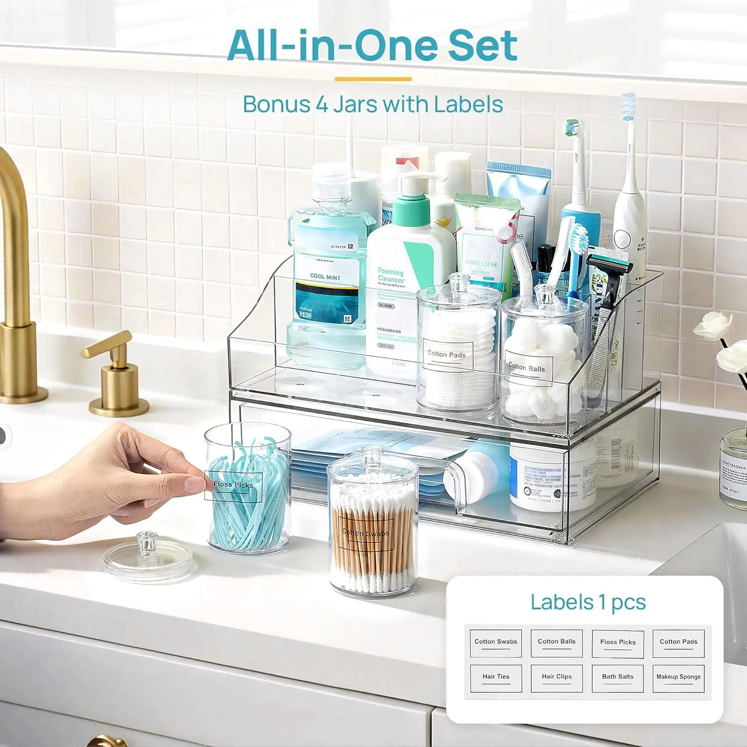 【Countertop Organizer】Vtopmart 6PCS Bathroom Countertop Organizer, 1 Divided Tray with 4 Qtip Holder Jars and 1 Drawers, Restroom Clear Organizers for Toothbrush, Cotton Pads, Vanity Accessories Storage Set