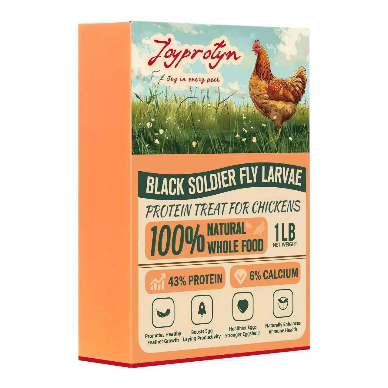 Joyprotyn Non-GMO Black Soldier Fly Larvae Dry Chicken Feed, 43% Protein, 6% Calcium, Eco-Friendly Natural Whole Food for Poultry & Fish, Molting Support, Muscle & Feather Aid, 85X More Calcium Than Mealworms for Strong Eggshells