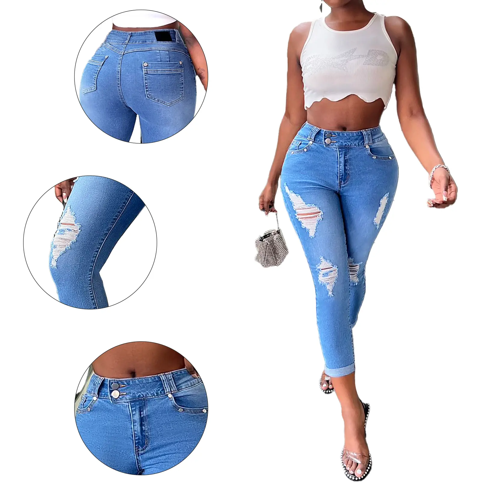 Women's High Waisted Distressed Skinny Jeans - Medium Wash Cuffed Ankle Denim Casual Pants