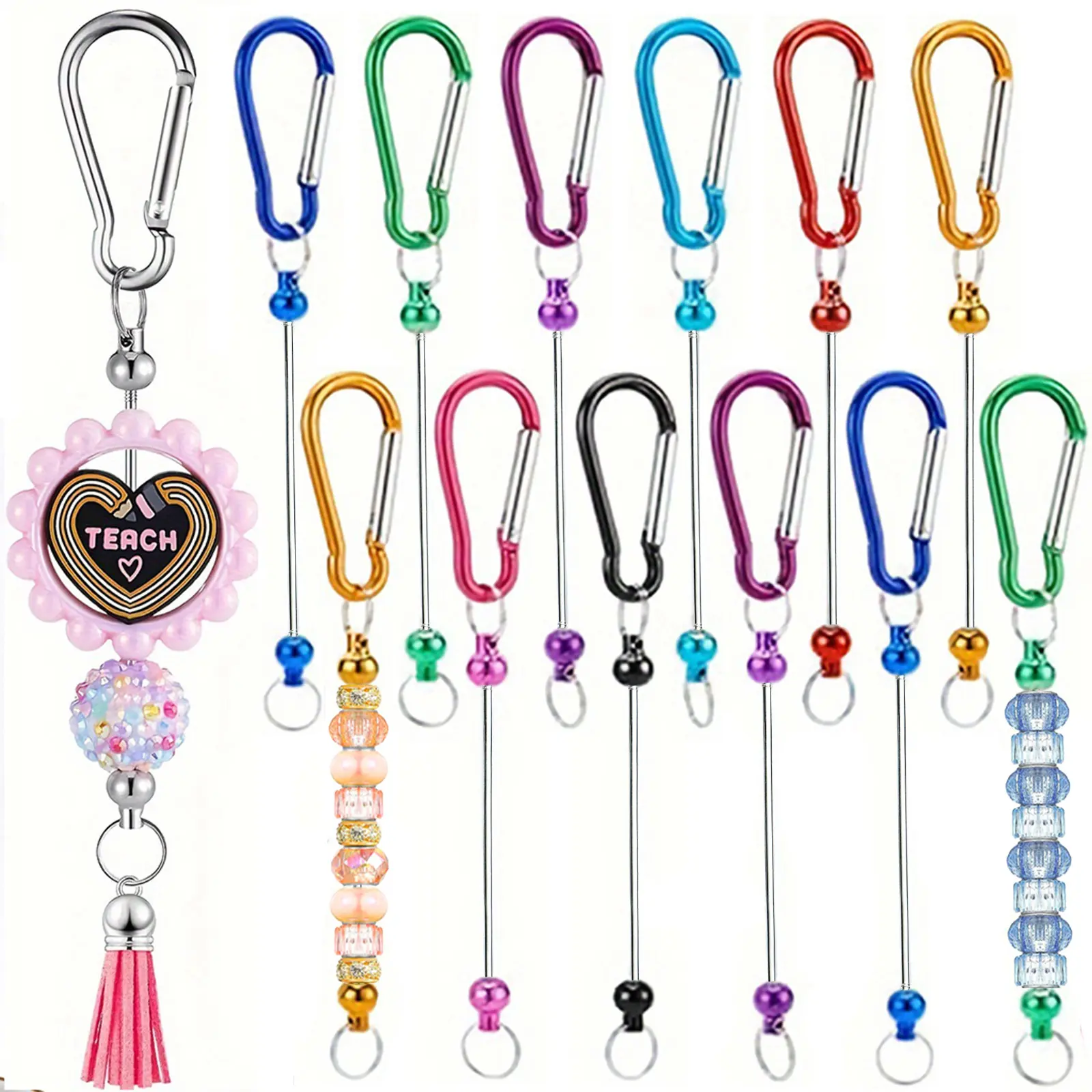 12-Pack Colored Bead Keychain Set with Metal Rods, Bulk Aesthetic Keyrings for DIY Jewelry Making, Crafting Supplies & Holiday Gifting