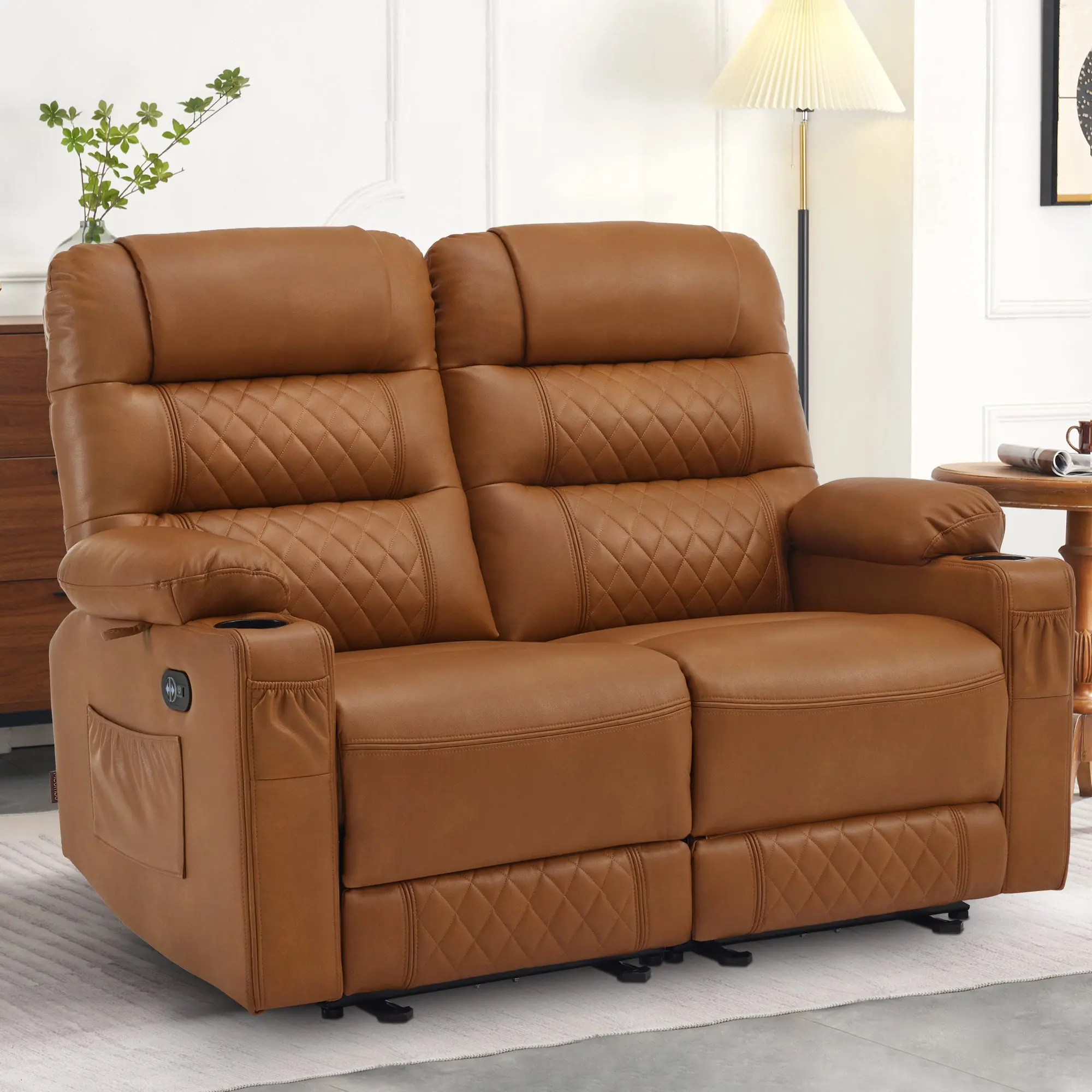 Faux Leather Power Reclining Loveseat - 2 Seat Living Room Furniture with Heat + Massage, Heat Therapy, Adjustable Backrest, Independent Seats, USB Ports, Model PR622