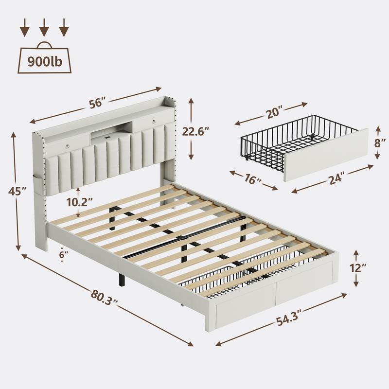 TryLazy Upholstered Flatform Bed Frame with 4 Storage Drawers No MATTRESS Queen Size Wood Slats Holds 900lbs No Noise Rivet Design USB Socket White