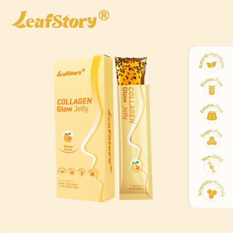 LeafStory Collagen Glow Reset Jelly (2 Sticks): Orange Flavor, Collagen, Support Skin Health & Elasticity, Support Hair & Nails, Stress Relief & Nerve Health, Sugar-Free, Gluten-Free, Non-GMO, Gelatin-Free, Natural Ingredients