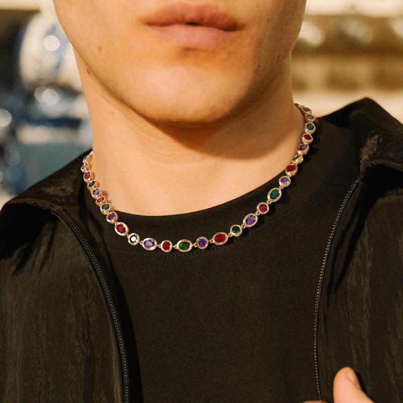 Turandoss 14K Gold Plated Multicolor Gemstone Tennis Necklace – Colorful CZ & Emerald Chain, Adjustable, Stylish Gift Jewelry for Him & Her