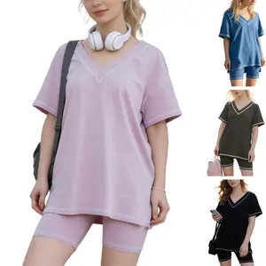 SCUSTY Women's Oversized Casual Cotton Set with V-Neck and Contrast Stitching – Color Block 2 Piece Lounge Set with Side Pockets Casual Short Sleeve Outfit