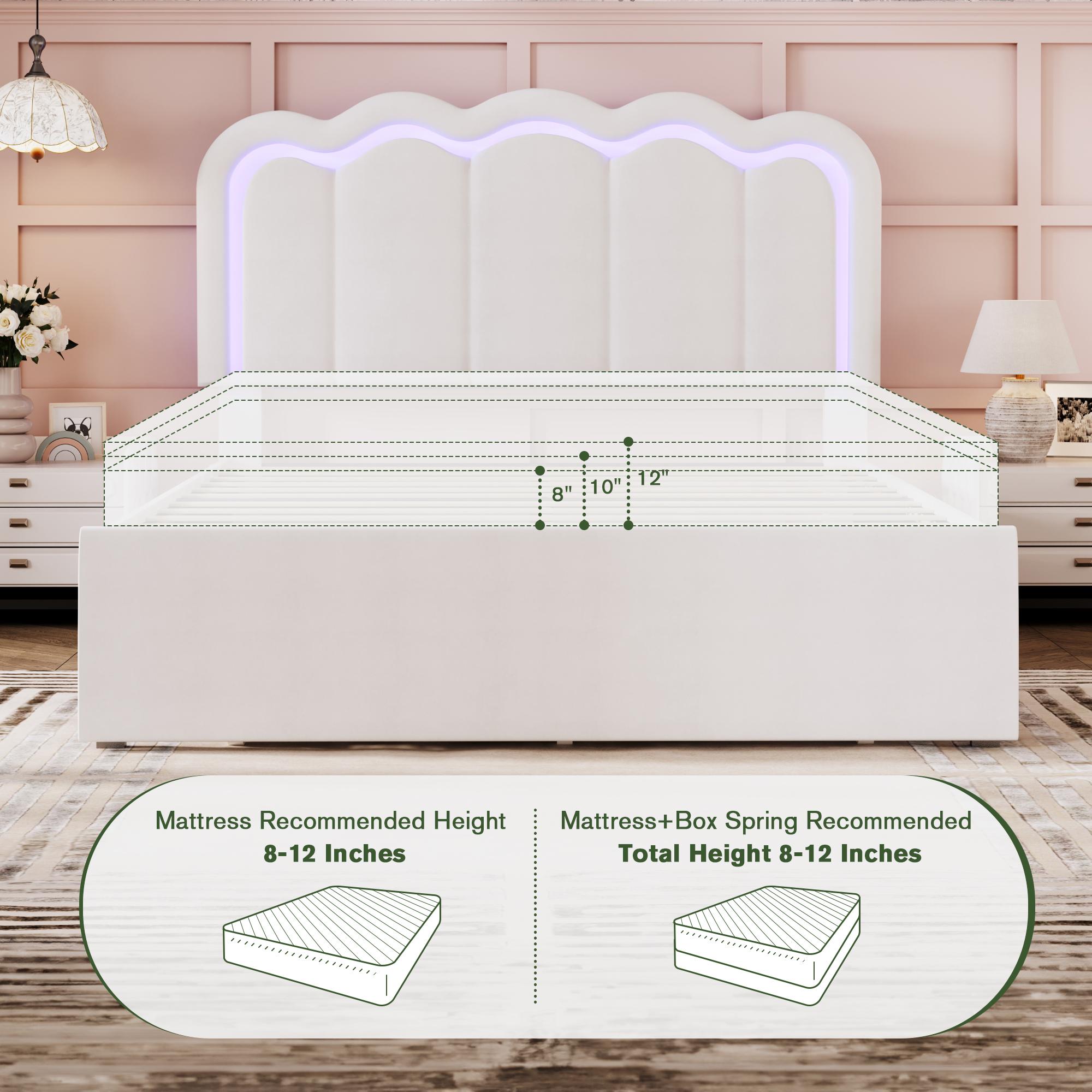 MUTIOCR Velvet Upholstered Bed Frame with Smart LED Lights Large Storage Drawer Adjustable Wavy Headboard No Box Spring Needed Twin Full Queen Sizes White Black Cream Pink