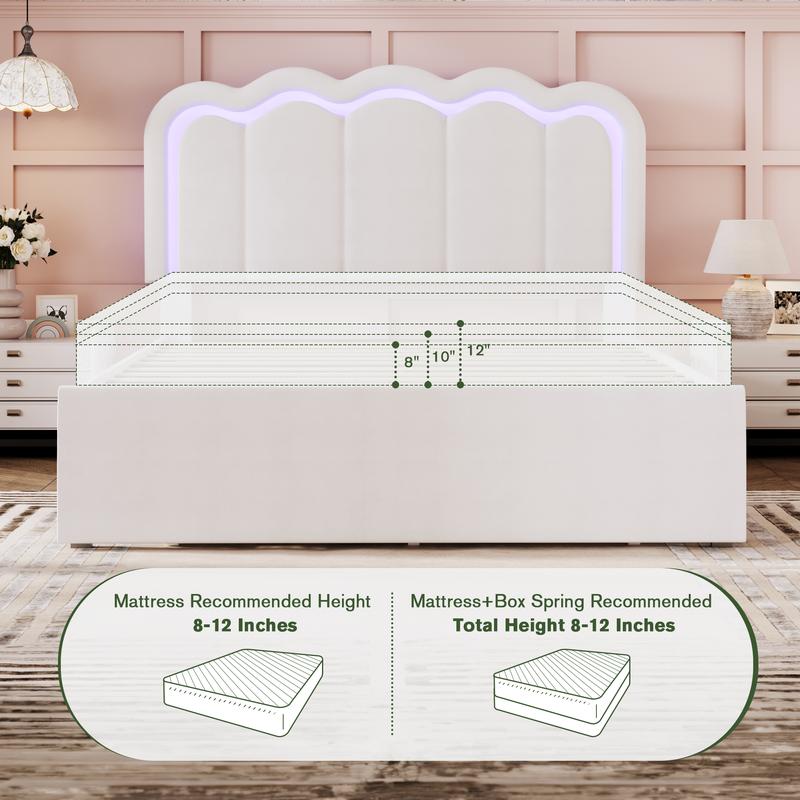 MUTIOCR Velvet Upholstered Bed Frame with Smart LED Lights Large Storage Drawer Adjustable Wavy Headboard No Box Spring Needed Twin Full Queen Sizes White Black Cream Pink