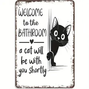 Welcome to the Bathroom Cat Sign - Funny Peeking Kitty Wall Decor, Sarcastic Restroom Tinplate Plaque, Cute Cat Lover Gift, Vintage Toilet Art