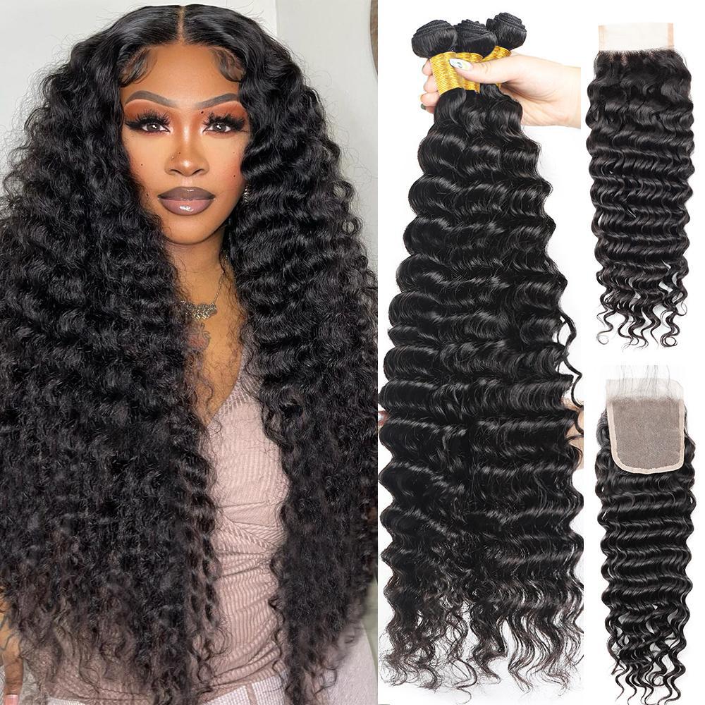 Brazilian Deep Wave Bundles with Closure Human Hair Bundles with 4x4 Lace Closure Unprocessed Virgin Human Hair 3/4 Bundles with Closure