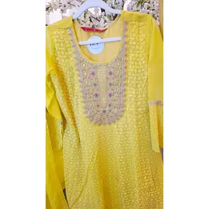 Womens Yellow Chikenkari Sequins Kurti / Suit Set with Pant and Dupatta