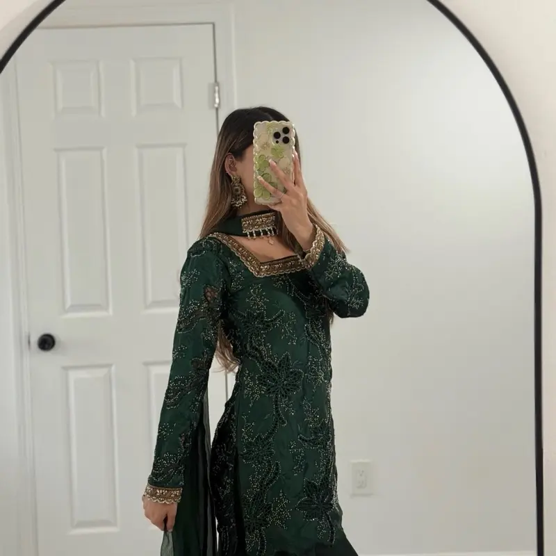 Women's Emerald Green Farshi Salwar Suit - Womenswear Wedding & Eid Outfit with Choker Dupatta, Cut Dana Work, and Crochet Net Details