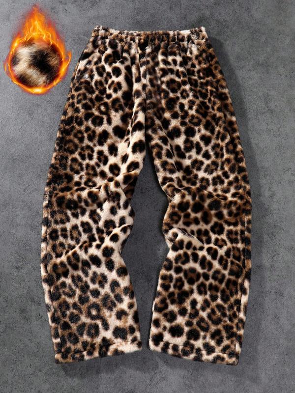 Unisex Leopard Camo Fleece Wide Leg Pants, Soft Rabbit Fur Fabric, Fall & Winter Warm Comfort, Street Hip Hop Style, Daily Wear