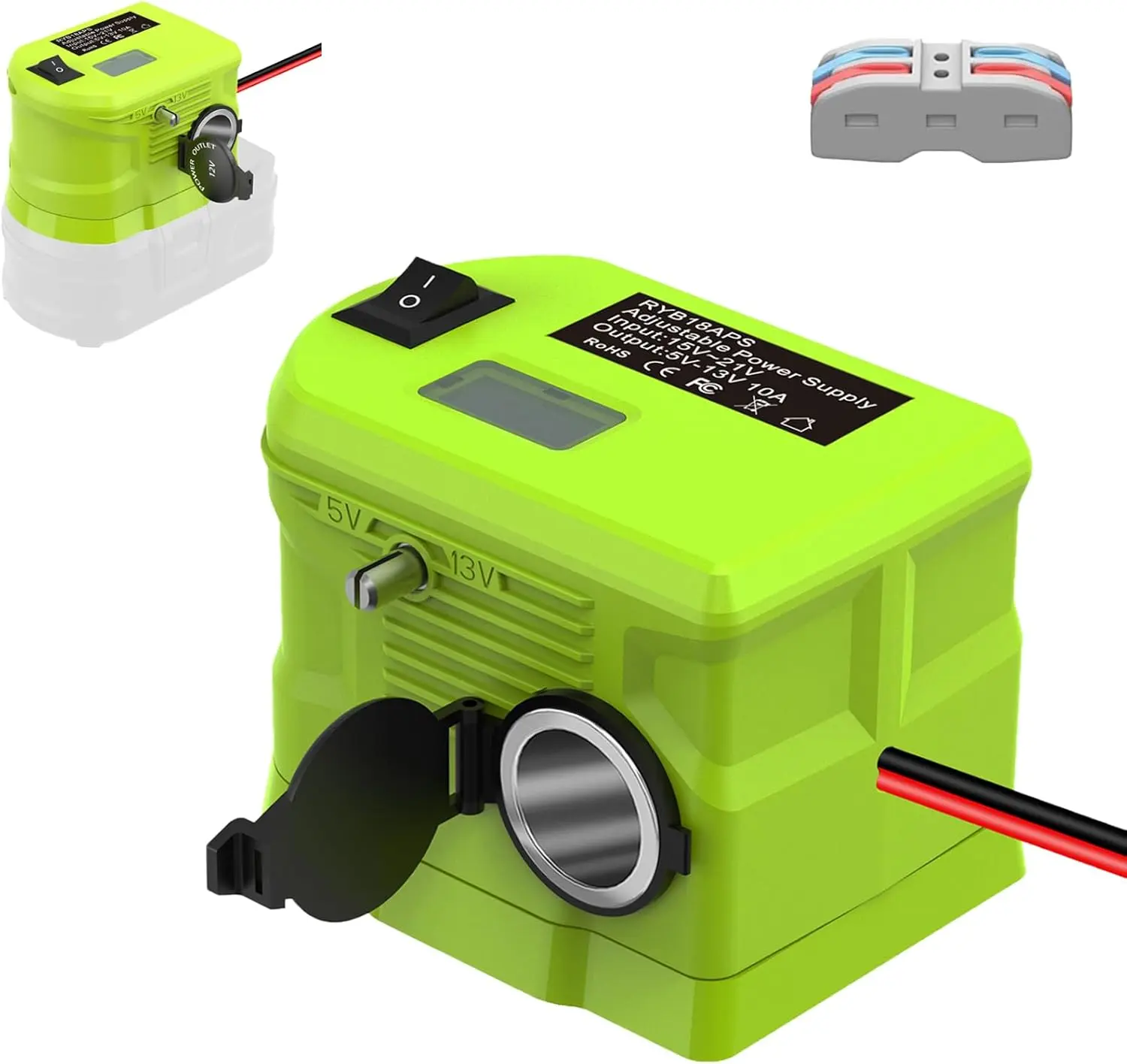 Ryobi 18V-to-12V Step-Down Voltage Conversion Power Wheel DIY Battery Adapter - 10A High Current, 5V-13V DC Power Supply, 120W, Versatile Compact Outdoor Design, Cigarette Lighter Connector for 12V In-Vehicle Devices, Ideal for Travel
