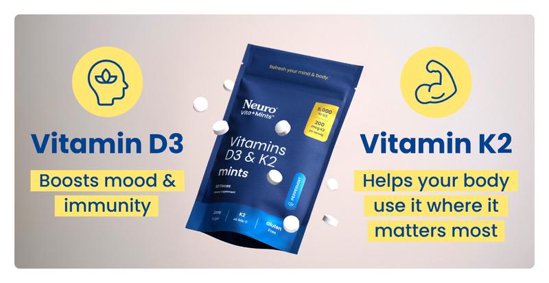 Neuro Mints Vitamin D3+K2 for Bone, Immune & Mood Support - 5,000 IU Vitamin D3 & 200mcg K2 - Sugar-Free, Aspartame-Free, Gluten-Free - Peppermint Flavor