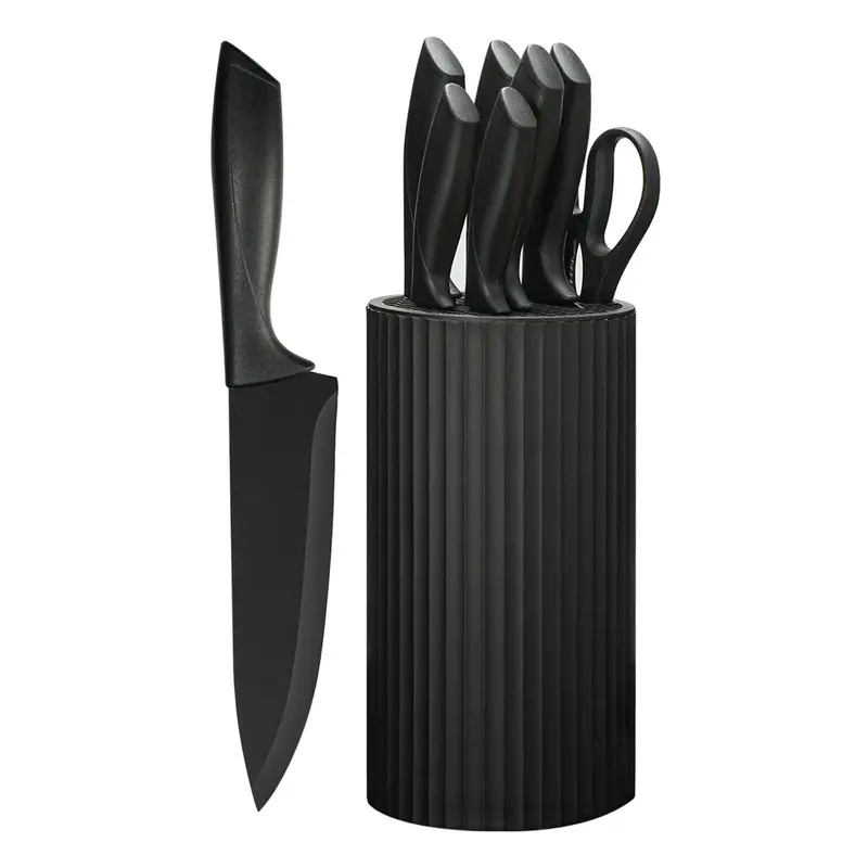 NULAS 8-Piece Rust-Resist Coat Kitchenware Knife Block Set, Sharp Ergonomic Kitchen Shear, Serrated Black Stain-Resistant Coating, Dishwasher Safe Household Items for Everyday Use (Black)