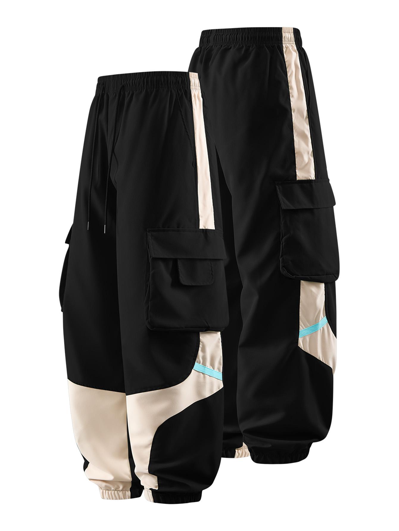 CCCMAI Men's Cargo Pants with Multiple Pockets - Durable Polyester, Machine Washable, Perfect for Hiking and Outdoor Activities, Breathable Comfortable Loose Fit Long Pants with Color-Blocked Side Panels and Drawstring Waist Design. Menswear