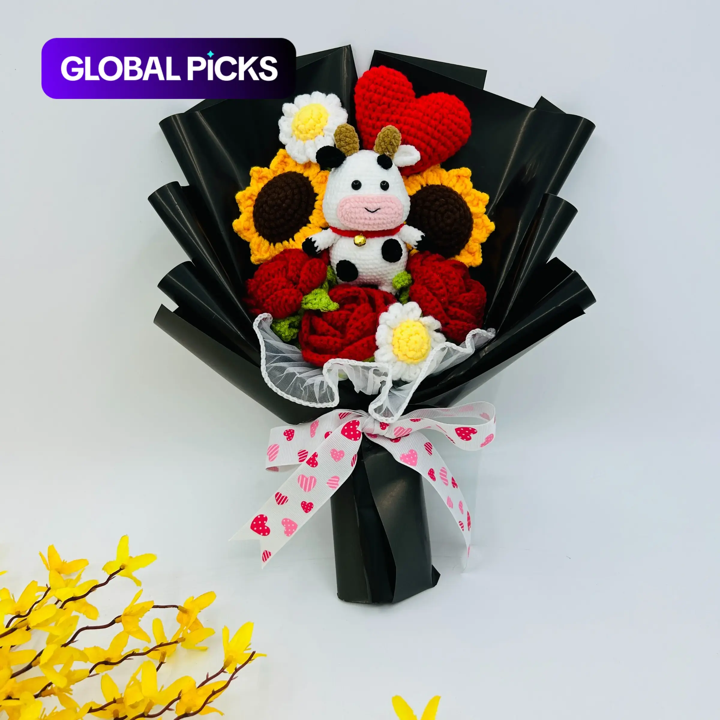 Crochet Sunflower & Cow Plush Bouquet, Woven Handmade Knitted Flower Bouquet, Decorative Flowers, Floral Decoration for Home, Parties, Weddings, Anniversaries & Festivals, Multicolor Knitted Ornaments #GLOBAL PICKS