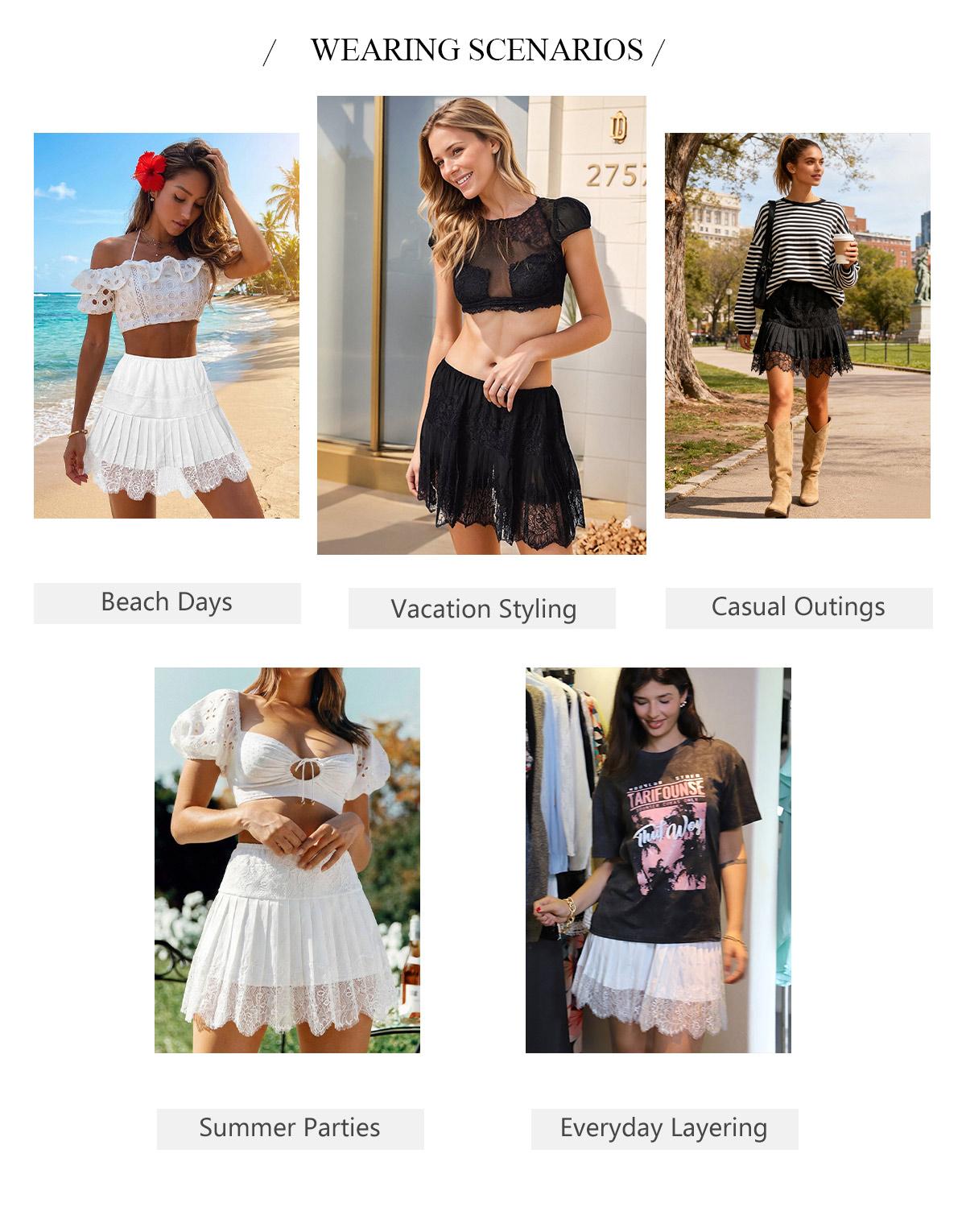 Chicovar Women's Lace Mini Skirts Casual Stretchy Waist Solid Color Loose Fit Pleated Skirts Summer A-line Skirts Perfect for Fall Layering, Easter Dress, Holidays, Vintage look, NO Shorts