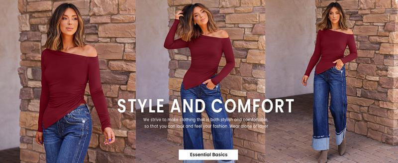 ZESICA Women's Off The Shoulder Tops 2026 Long Sleeve Y2K Asymmetrical Ruched Fitted Shirts Fall Trendy Going Out Top
