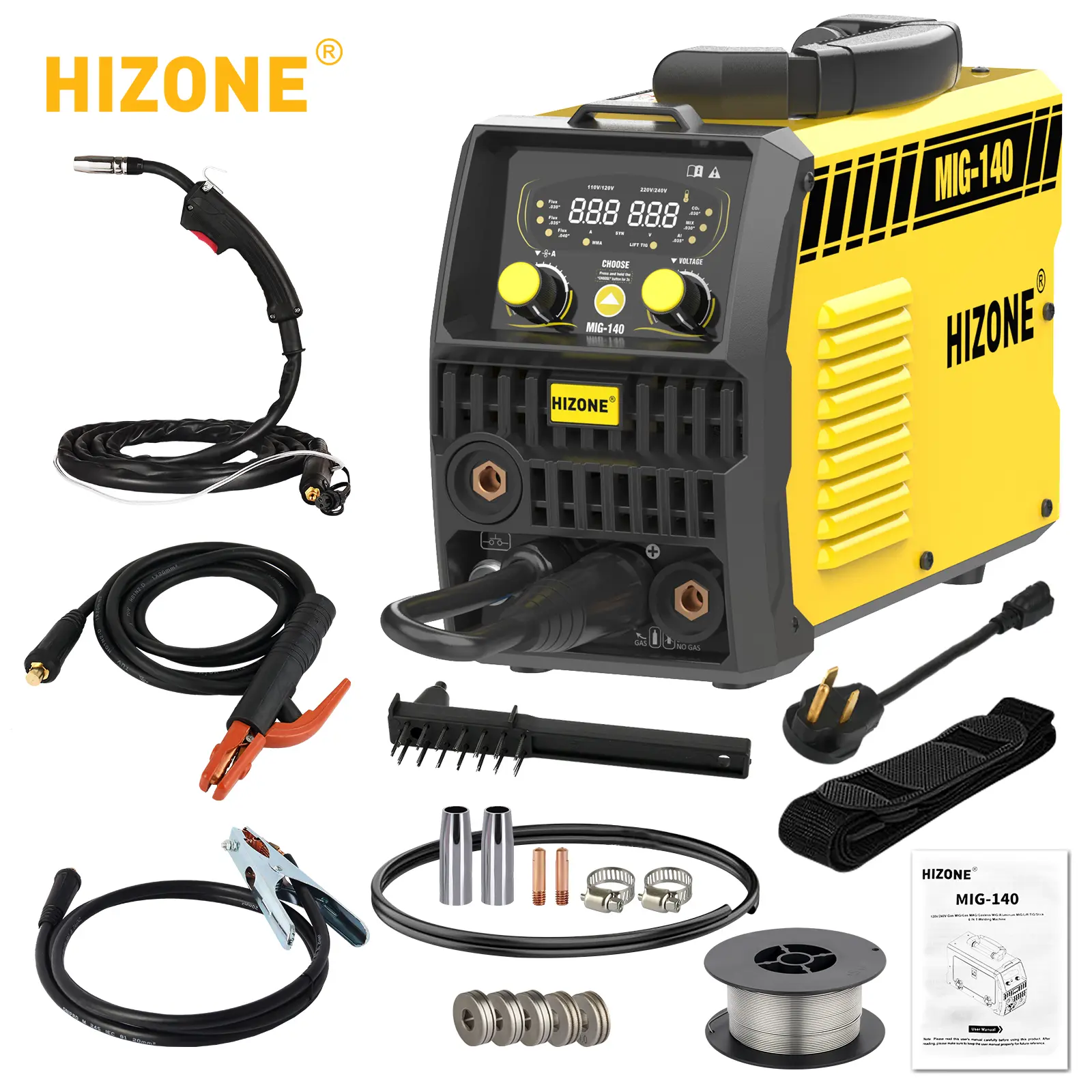 HIZONE MIG-140, 6-in-1 Aluminum MIG Welder with Large LCD Digital Display, 120V/240V Multi-Process Inverter Welder, Suitable for Gas/Standalone/Gas/TIG/Aluminum Welding
