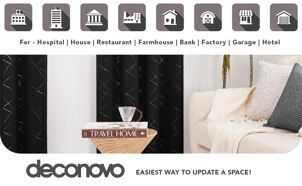 Deconovo Blackout Curtains Silver Parallel Slash Thermal Insulated Noise Reducing Privacy Drapes for Bedroom & Living Room Black Patterned Grommet Top