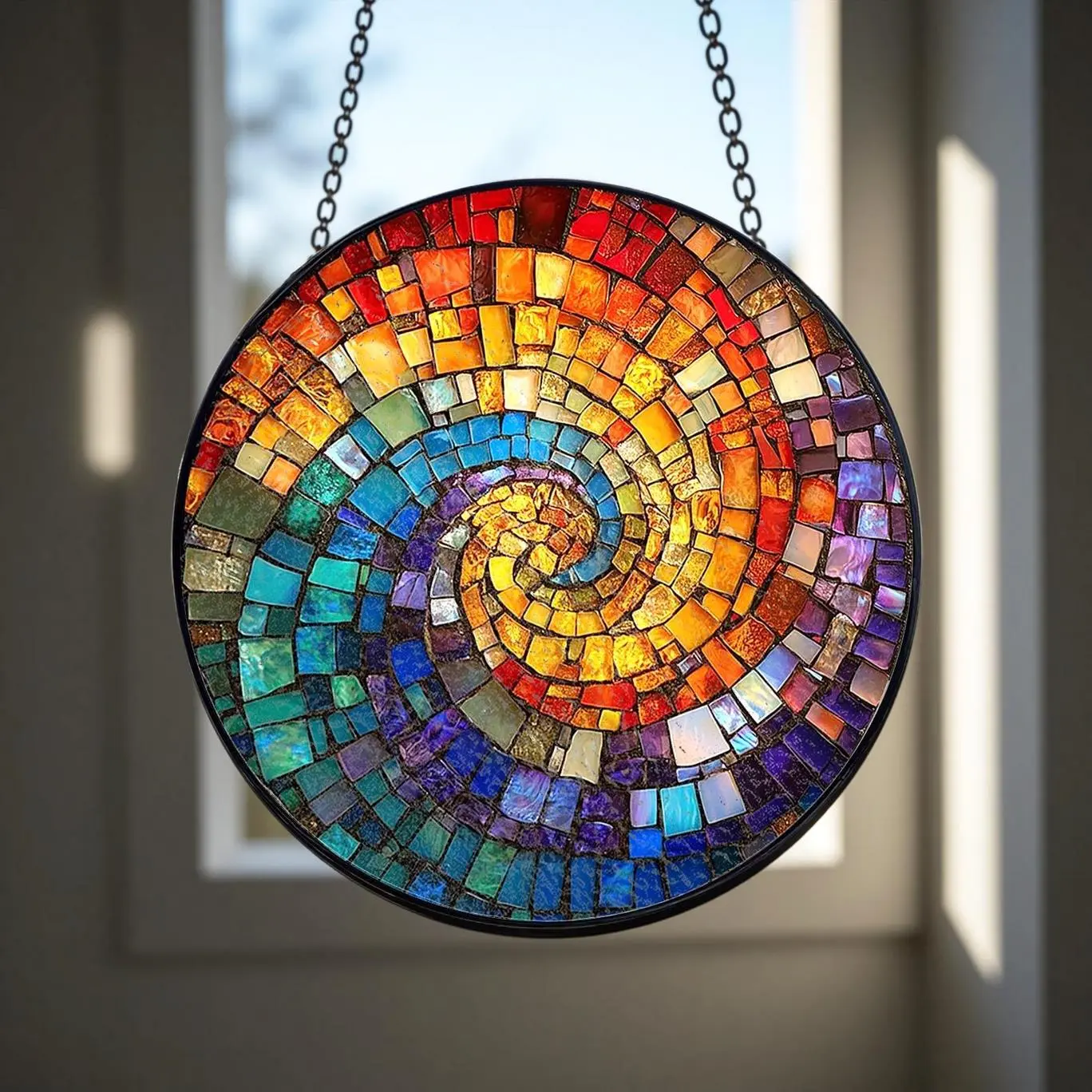 Vibrant Rainbow Spiral Stained Glass Suncatcher - Modern Mosaic Rainbow Maker Window Hanging, Colorful Boho Light Catcher for Home & Office, Unique Spiritual Chakra Art, Ideal Spring Gift for Mom, Grandma & Teachers