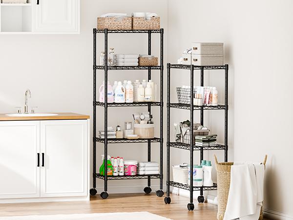 5 Tier Heavy-Duty Adjustable Wire Shelving Unit with Casters Ideal for garages, kitchens, pantries, laundry rooms, and office storage Easy assembly Dimensions: 23“W × 13”D × 60"H Black